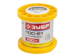 Припой ЗУБР, ПОС 61, трубка с канифолью, 100г, 0,8мм Зубр 55450-100-08C