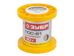 Припой ЗУБР, ПОС 61, трубка с канифолью, 50г, 1мм Зубр 55450-050-10C