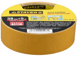 Двухсторонняя клейкая лента на полипропиленовой основе, STAYER 1221-38-05, 38мм х 5м
