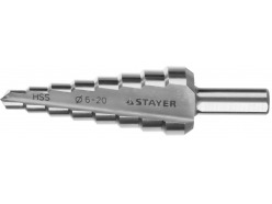 Сверло STAYER "MASTER" ступенчатое по сталям и цвет.мет., сталь HSS, d=6-20мм,8ступ.d 6-8-10-12-14-16-18-20,L-75мм,3-х гран.хв. 8мм 29660-6-20-8
